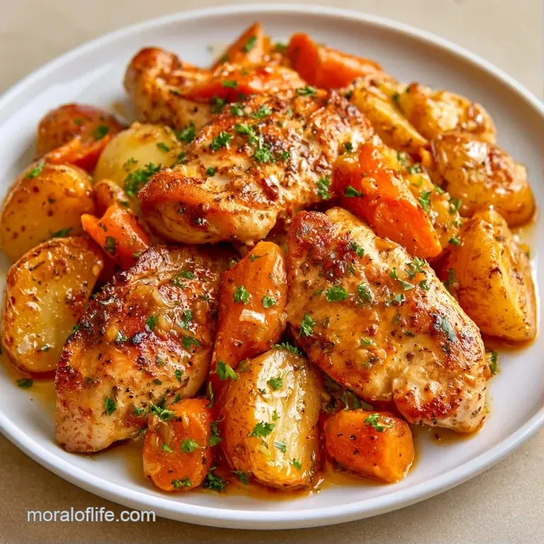 Sliced tender chicken breast paired with glazed carrots and potatoes, served on a white ceramic plate with fresh parsley.