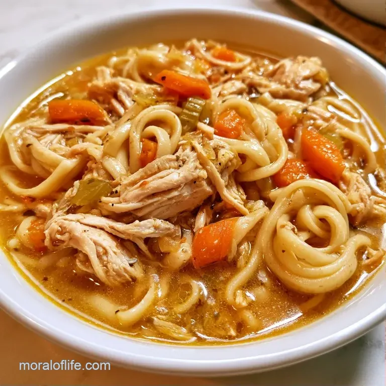 Steaming bowl of golden broth with tender chicken and carrots, garnished with chopped parsley on a linen napkin.