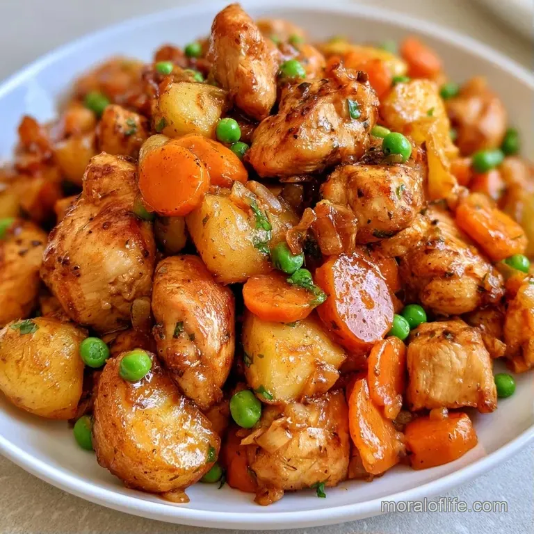 Steaming stew served in a white ceramic bowl, garnished with a sprig of fresh parsley and a side of crusty bread.