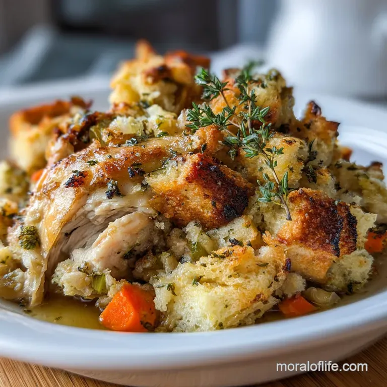 Plated chicken and stuffing with a ladle of gravy, garnished with parsley. Gravy sheen highlights the moist, savory essenc...