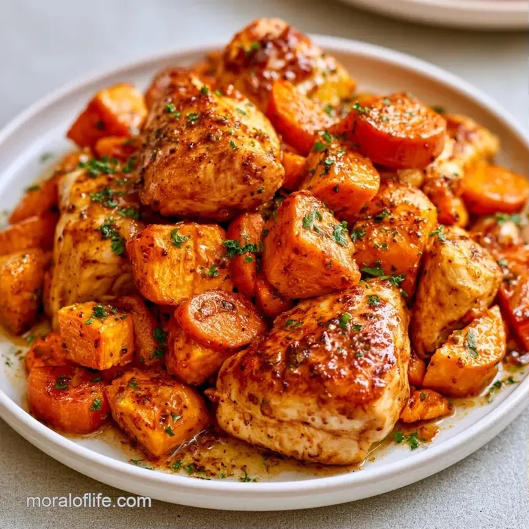 Neatly plated tender chicken and roasted orange sweet potatoes in a shallow white bowl with a sprig of fresh parsley.
