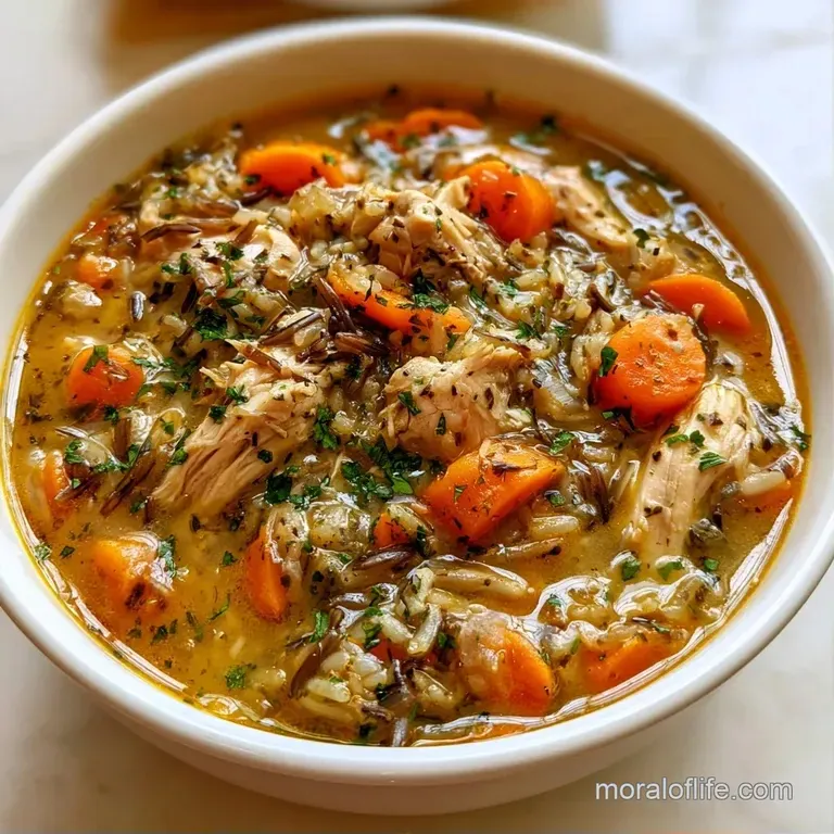 A white ceramic bowl filled with velvety chicken and wild rice, garnished with a sprig of fresh green parsley.