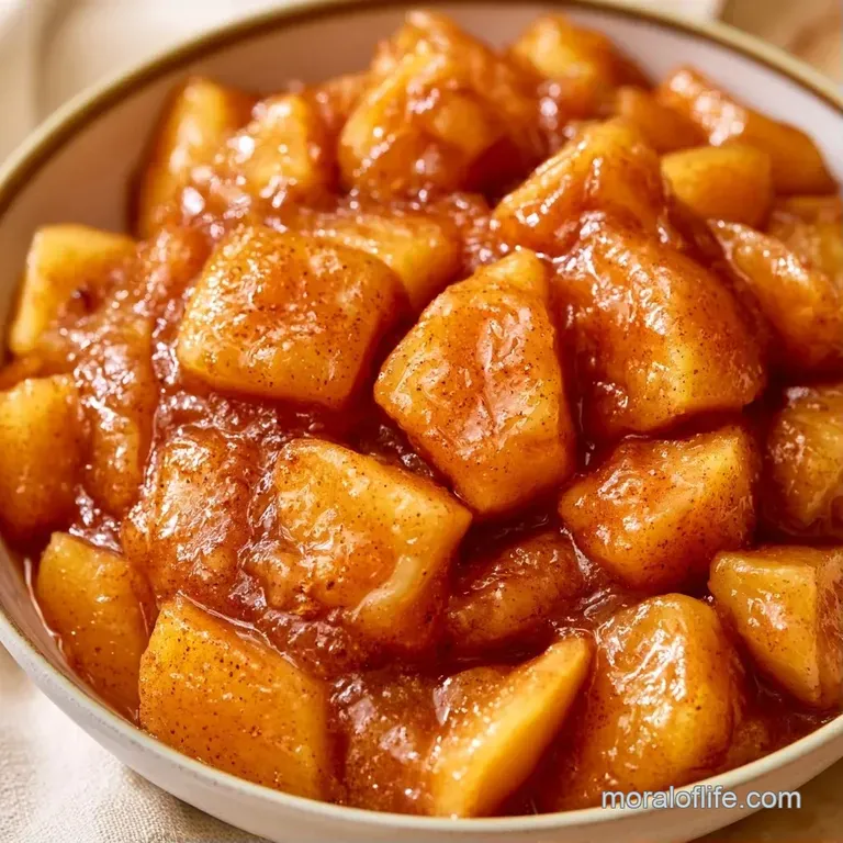 A glass bowl of chunky gold-hued fruit puree topped with a cinnamon stick and sliced apples on a linen cloth.