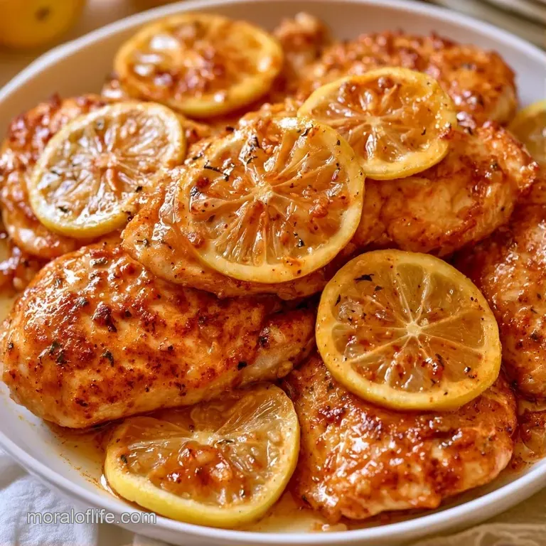 Three juicy chicken thighs on a white ceramic plate with a shimmering yellow glaze and a sprig of fresh parsley.