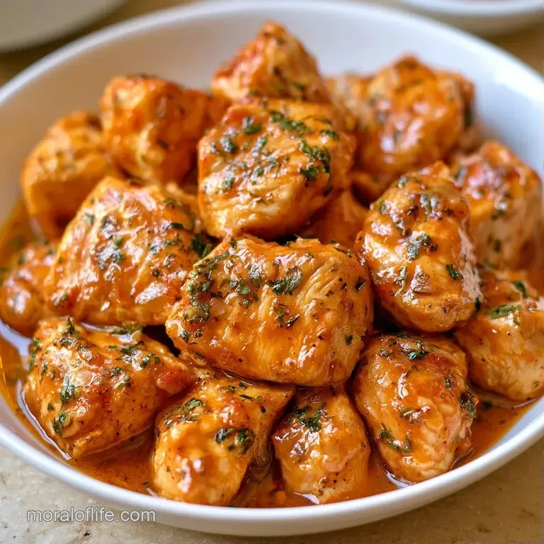 Golden chicken thighs plated with vibrant red tomatoes and green olives, drizzled with a glistening lemon sauce.