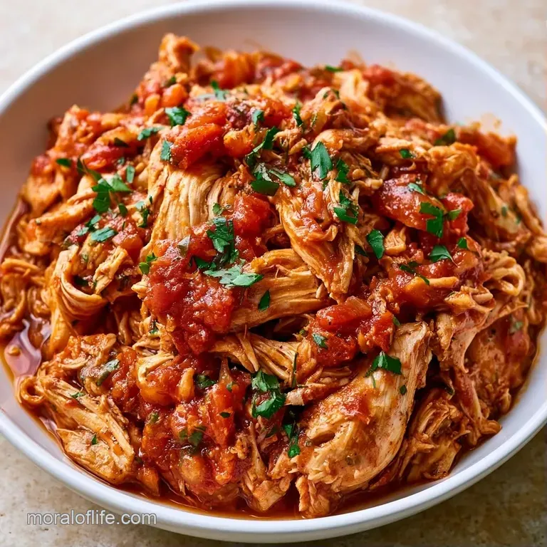 Shredded chicken in red salsa in a white bowl, topped with fresh green cilantro and a bright, juicy lime wedge.