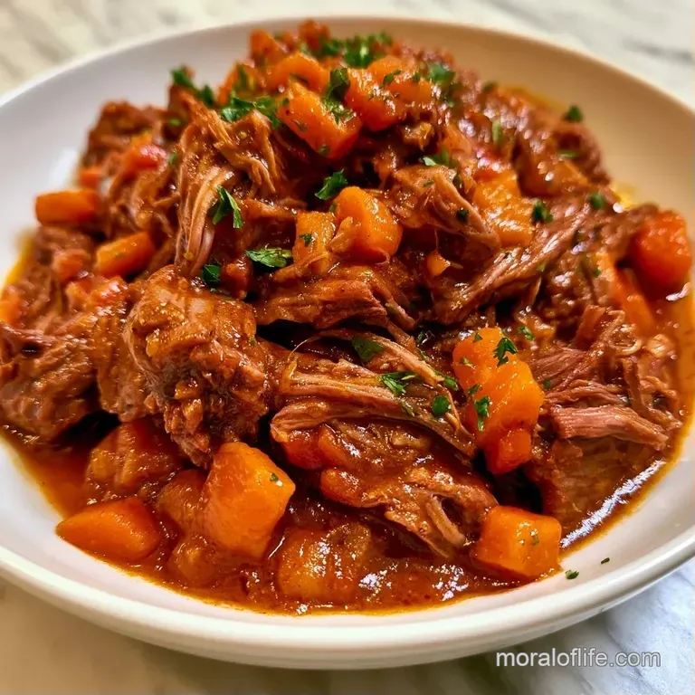 Elegant swirl of wide noodles coated in a deep crimson meat sauce on a white plate with a sprinkle of fresh herbs.