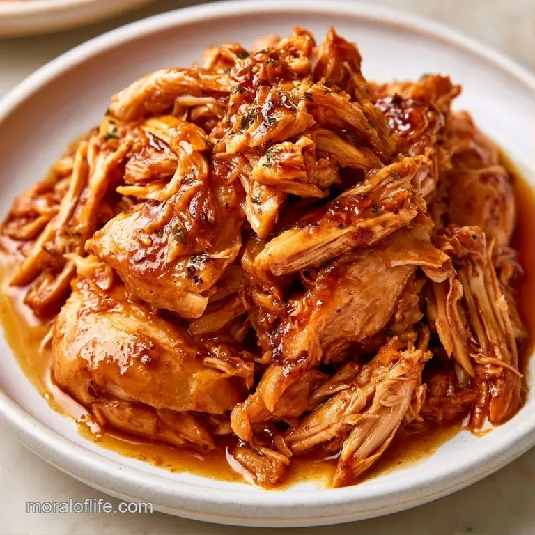 Moist, shredded chicken breast piled high on a white ceramic plate, garnished with sliced scallions and red pepper flakes.