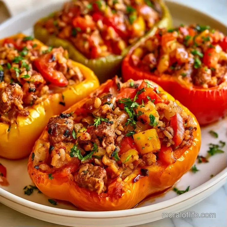 Three vibrant red bell peppers overflowing with savory meat and melted cheese, garnished with fresh parsley.