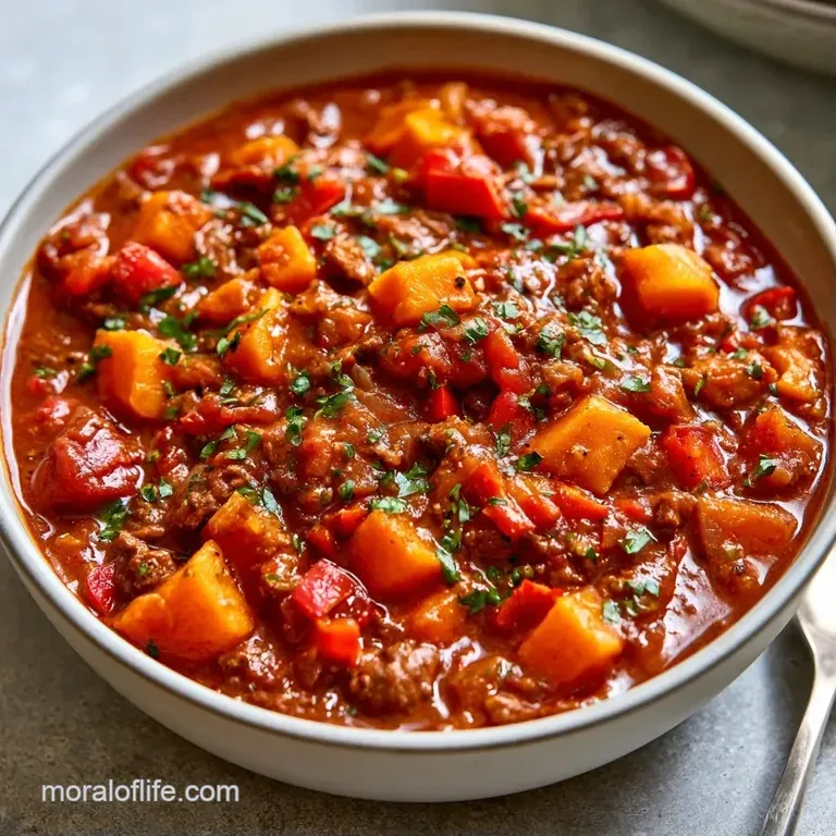A white porcelain bowl of hearty red stew topped with a swirl of cool sour cream and bright green cilantro sprigs.