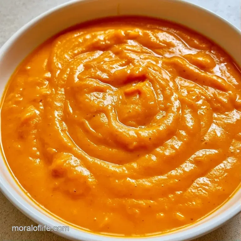 Vibrant orange soup in a white ceramic bowl garnished with fresh parsley and toasted golden croutons.