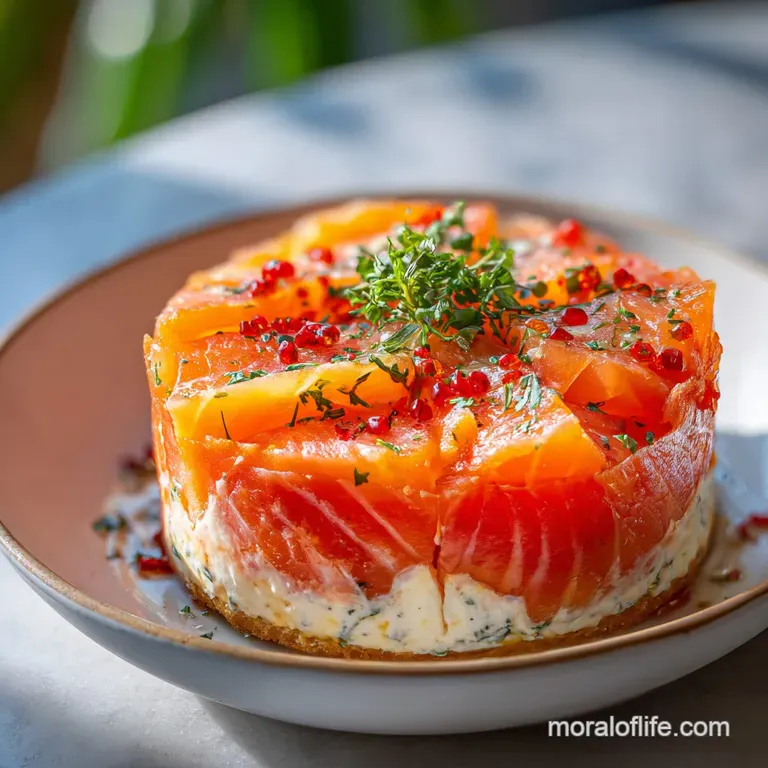 Smoked salmon tart slice plated with microgreens; flaky crust contrasts with the smooth, rich filling and salmon ribbons.