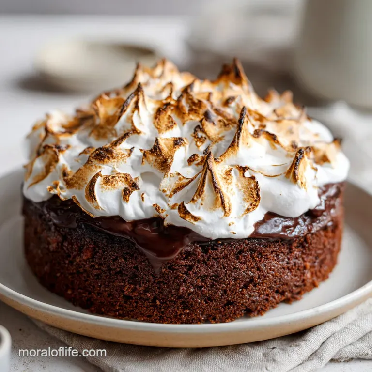 A slice of dark chocolate cake with fluffy, seared meringue, adorned with a sprinkle of graham cracker crumbs.