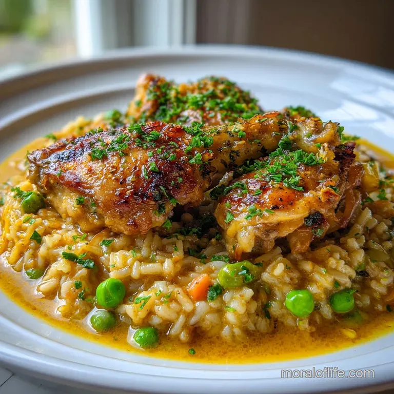 Elegant plate of golden chicken over fluffy rice. Rich, creamy sauce with visible herbs gives a warm, inviting feeling.
