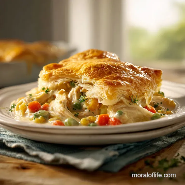 A generous slice of chicken pot pie on a rustic white plate, steam gently rising from the savory filling.