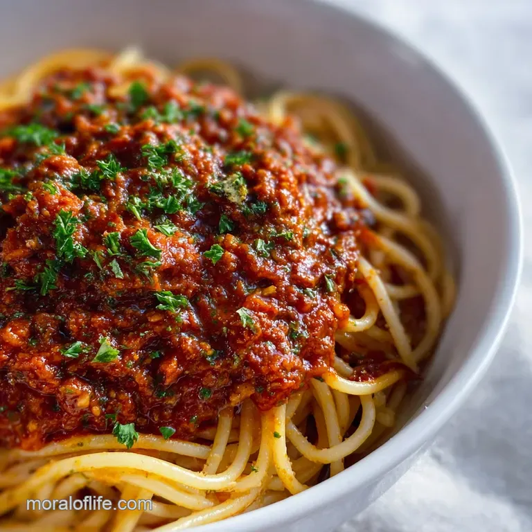 Close-up of glossy, rich spaghetti sauce clinging to perfectly cooked pasta strands, dusted with herbs on a white plate.