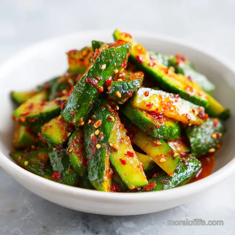Thinly sliced cucumber ribbons artfully arranged with a sprinkle of sesame seeds and a bright red chili garnish.