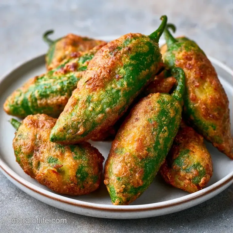 Three golden fried chili fritters arranged on a white plate with artistic swirls of orange and green chutneys.