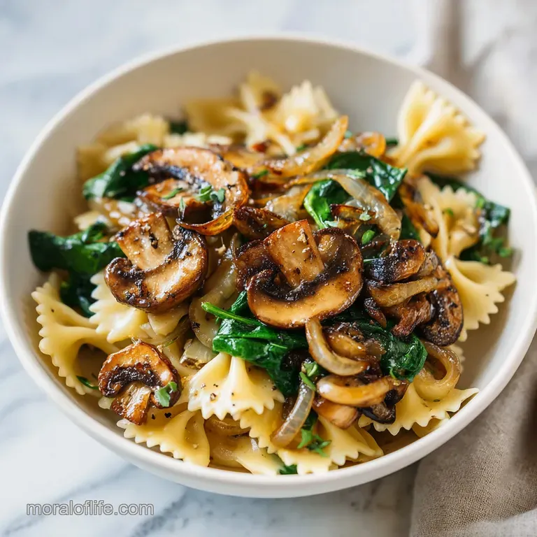 Elegant swirl of cream-coated bowtie pasta with saut&eacute;ed mushrooms and wilted spinach on a matte ceramic plate.