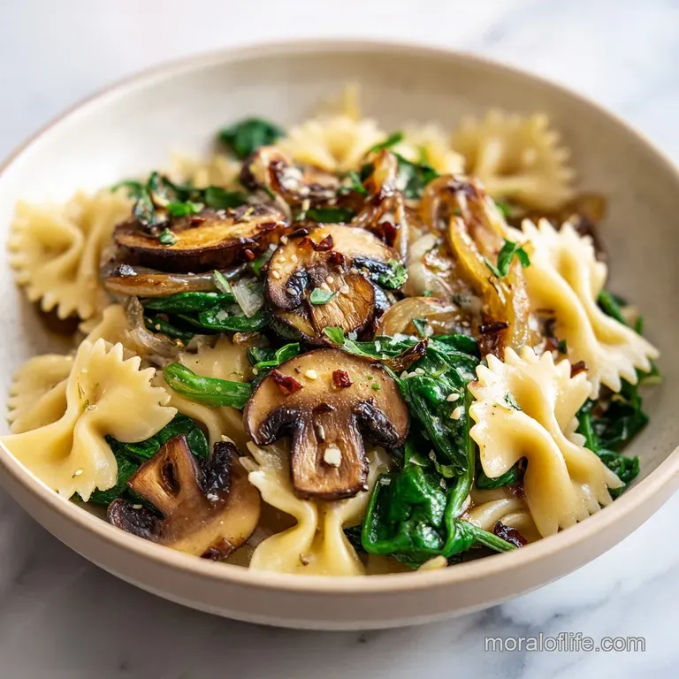 Spinach Mushroom Farfalle: Creamy with Caramelized Onions