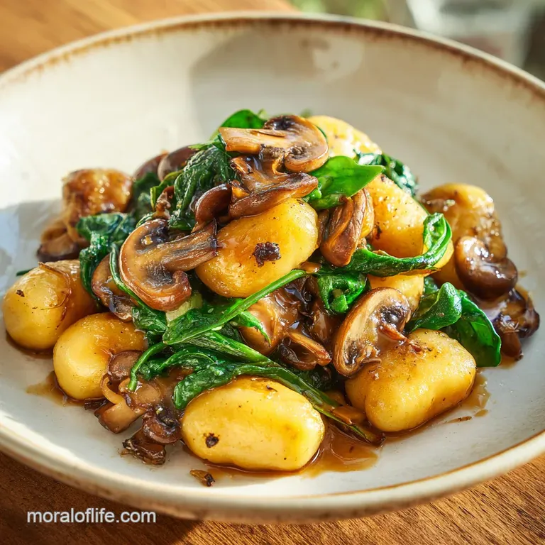 Elegant plating of pan-fried gnocchi with earthy mushrooms and bright spinach, dusted with grated parmesan cheese.