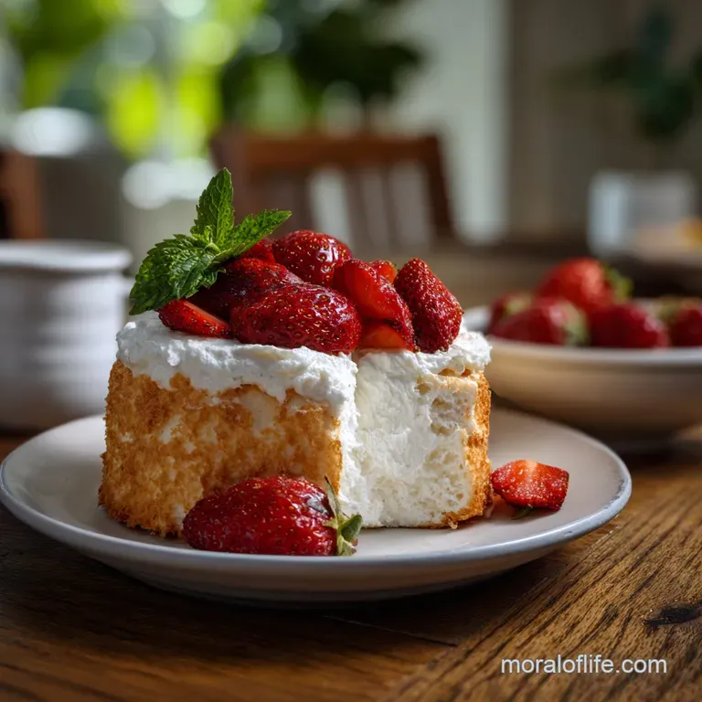 Delicate slice of angel food cake with vibrant strawberry sauce, adorned with a halved strawberry. Creamy whipped topping.