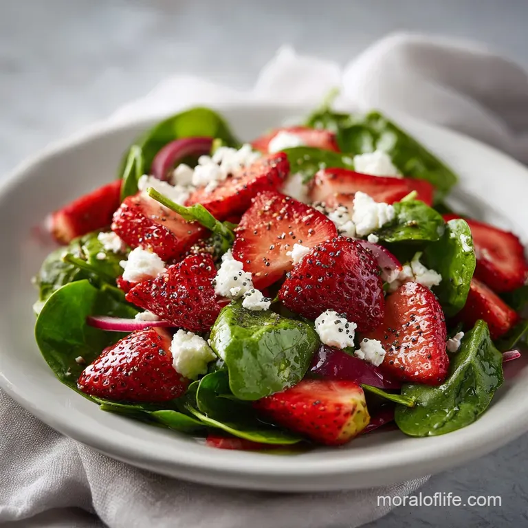 A beautifully arranged salad with ruby-red strawberries and emerald spinach, topped with creamy white feta.