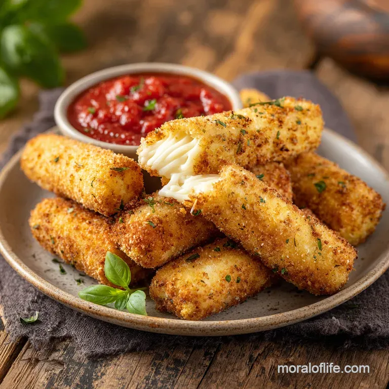 Perfectly fried mozzarella sticks, artfully stacked on a plate, next to a small bowl of bright, chunky marinara sauce.