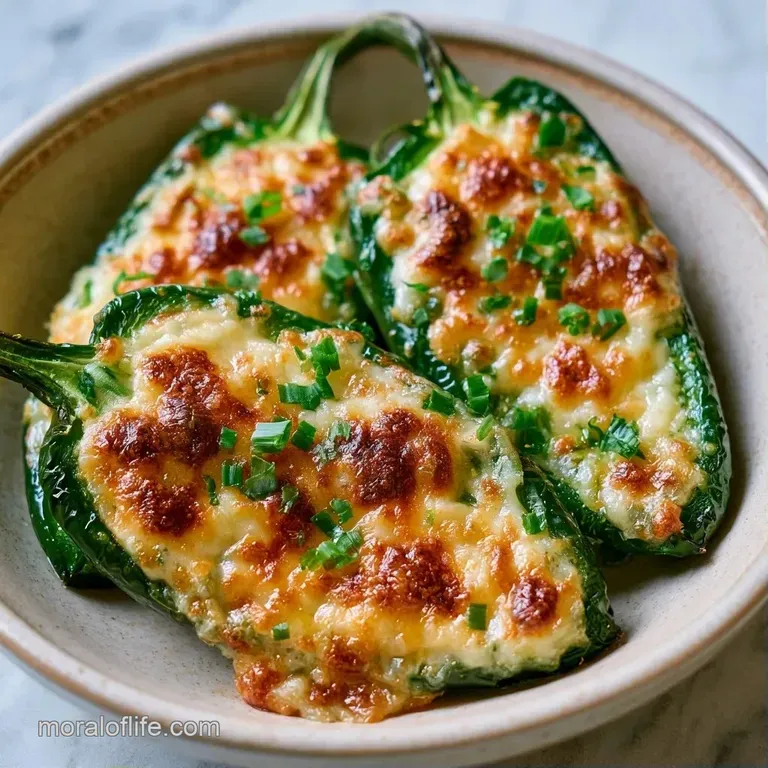 Vibrant green peppers filled with melted cheese on a white ceramic platter, garnished with chopped green onions.