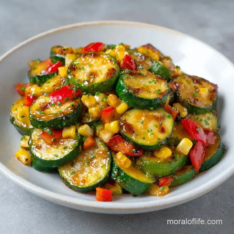 Colorful medley of tender summer squash and sweet corn piled neatly in a white ceramic bowl with a sprig of parsley.