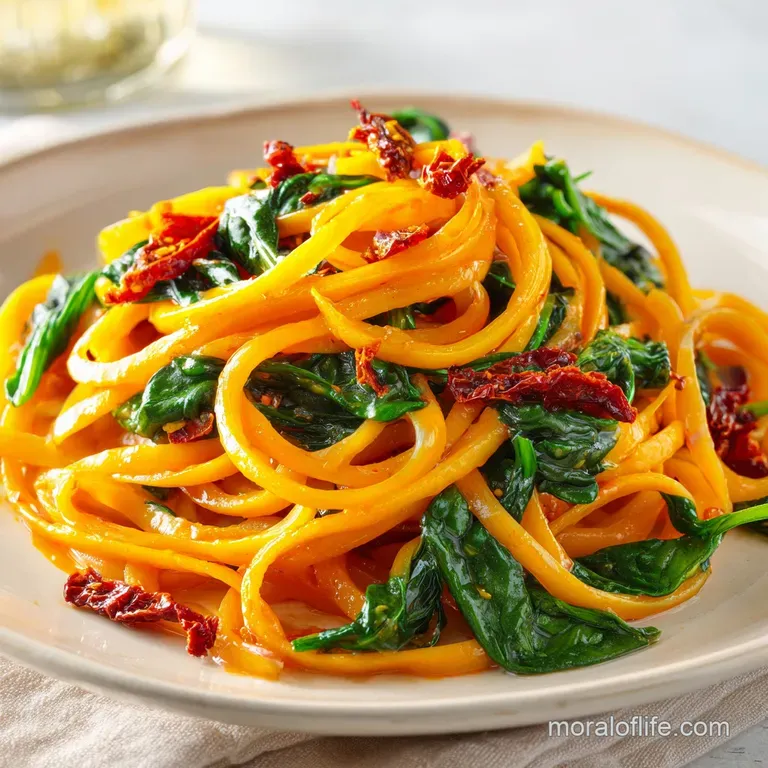 A high swirl of golden pasta topped with shriveled crimson tomatoes and shaved parmesan on a minimalist ceramic plate.