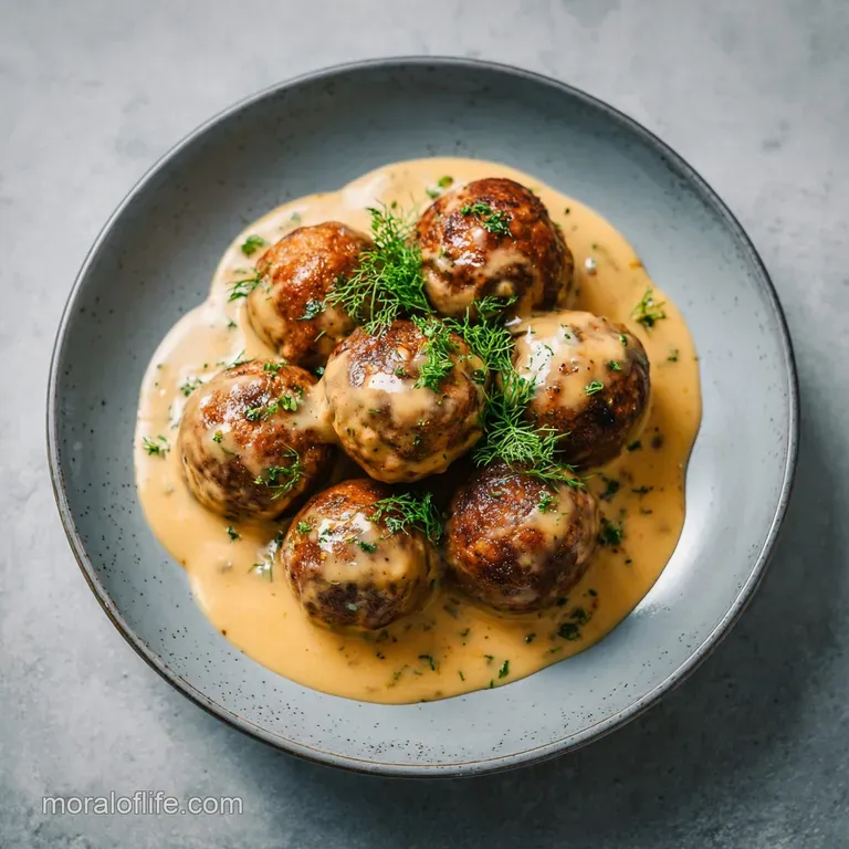 A fork-tender meatball nestled on fluffy mashed potatoes, drizzled with rich, creamy gravy and a green garnish.