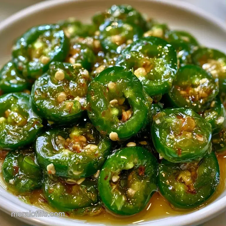 Crisp green pepper rings arranged neatly in a small white ceramic bowl accented by whole black peppercorns.