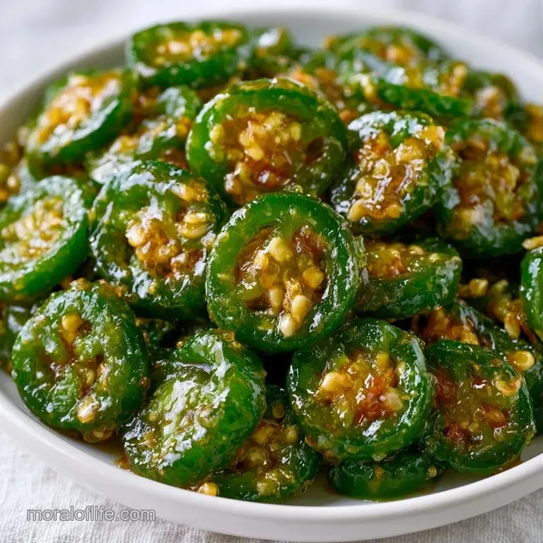 Shimmering green pepper rings piled in a white bowl, coated in a thick, golden syrup that catches the light.