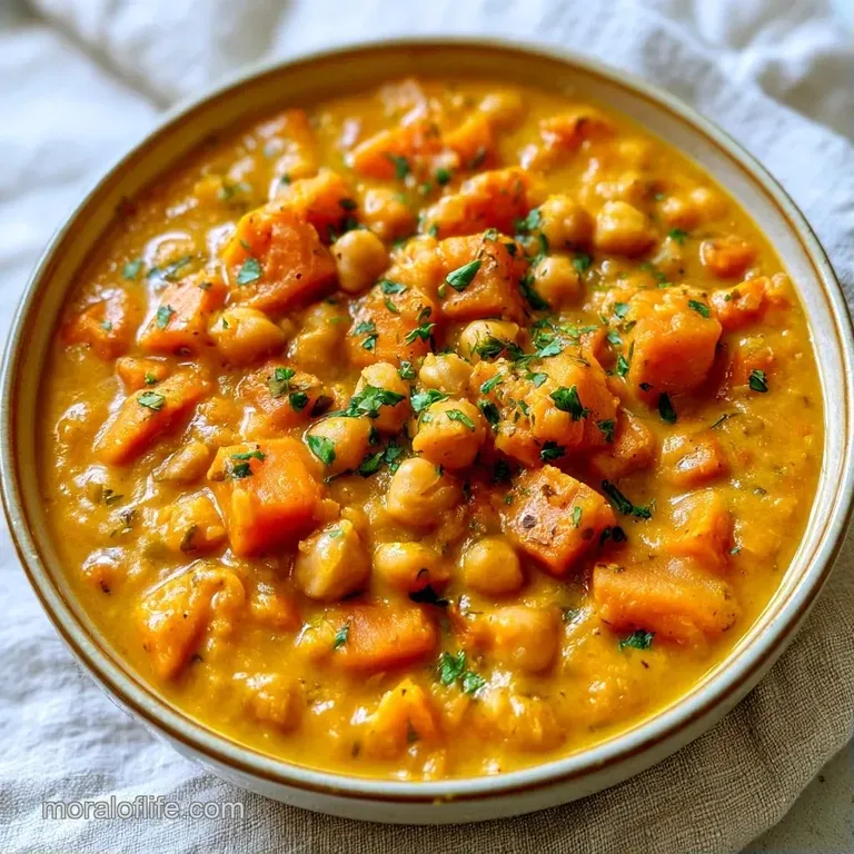 Steaming orange root vegetable stew in a matte gray bowl, garnished with bright green herbs and cracked pepper.