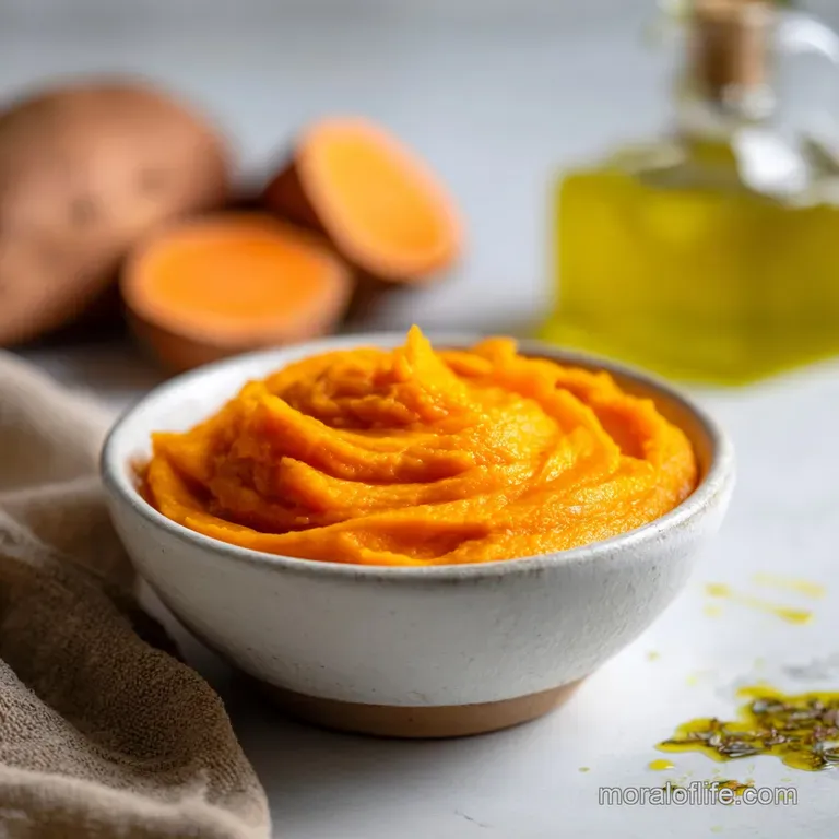 Elegant swirl of sweet potato puree, garnished with toasted pecans and fresh thyme sprigs on a bright white plate.