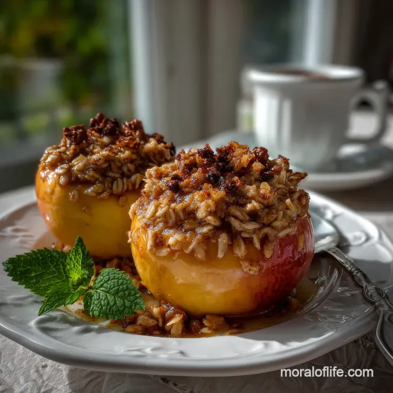 Elegant plate of sliced baked apples, drizzled with honey and garnished with a sprig of mint, offering a beautiful, rustic...