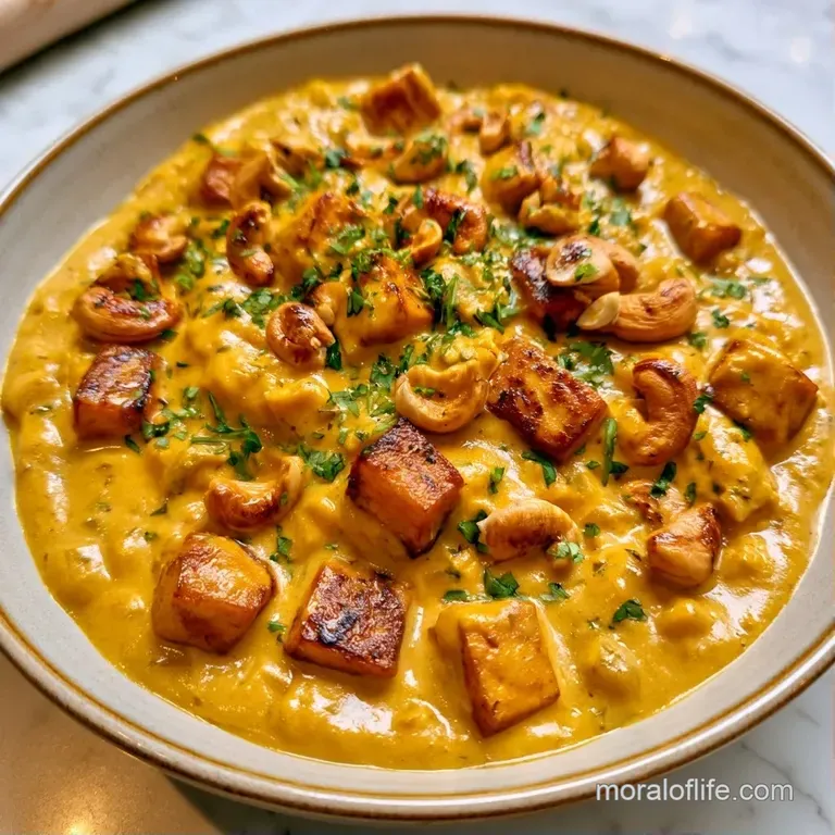 Vibrant yellow curry in a white ceramic bowl, topped with fresh green cilantro and crunchy toasted cashew nuts.