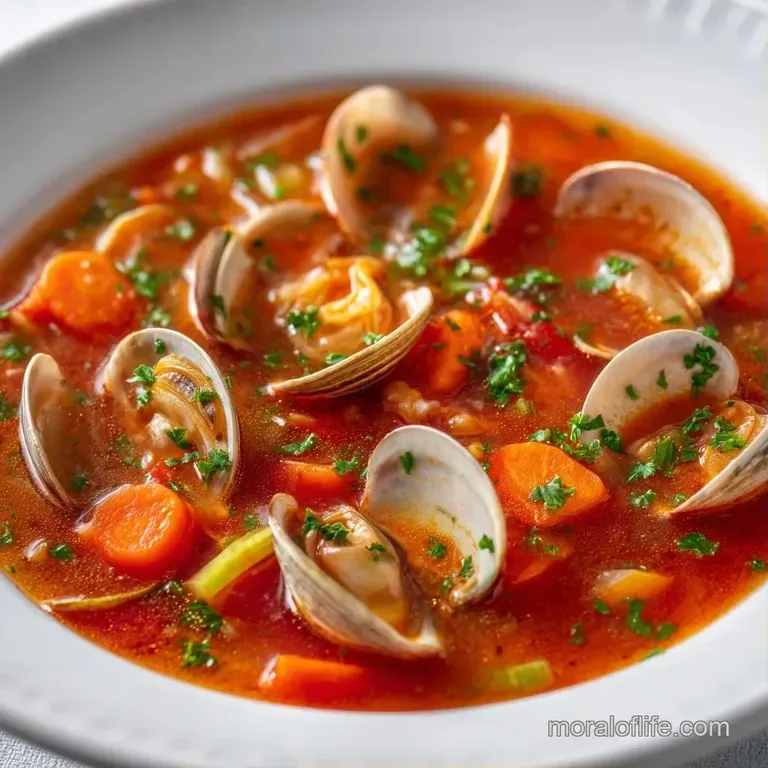A white ceramic bowl of thick red soup topped with a swirl of cream and a sprig of basil on a rustic linen napkin.