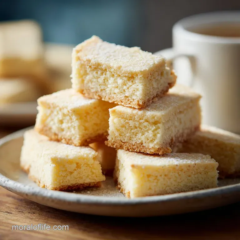 Stacked shortbread cookies on a vintage plate. Buttery, golden edges and delicate crumb create an inviting presentation.