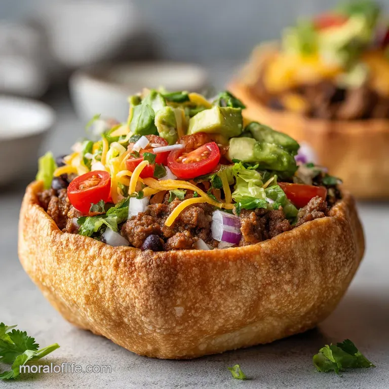 An artfully arranged taco salad bowl, showcasing layers of seasoned beef, fresh greens, and creamy dressing.