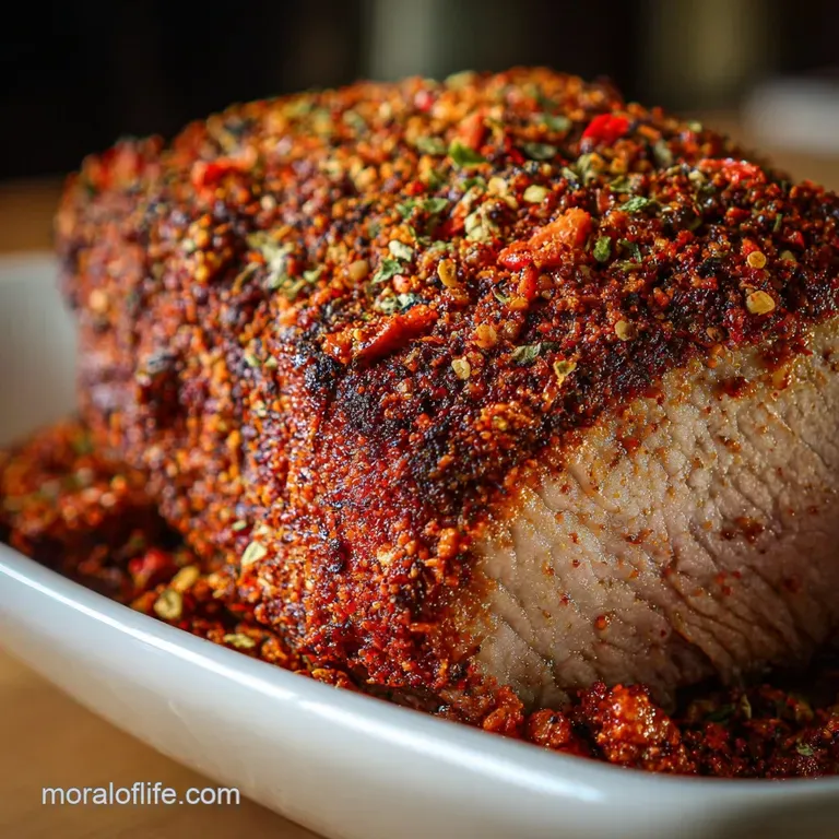 Perfectly sliced tri-tip with flavorful crust is artfully arranged on a plate. Glistening juices highlight tender meat.