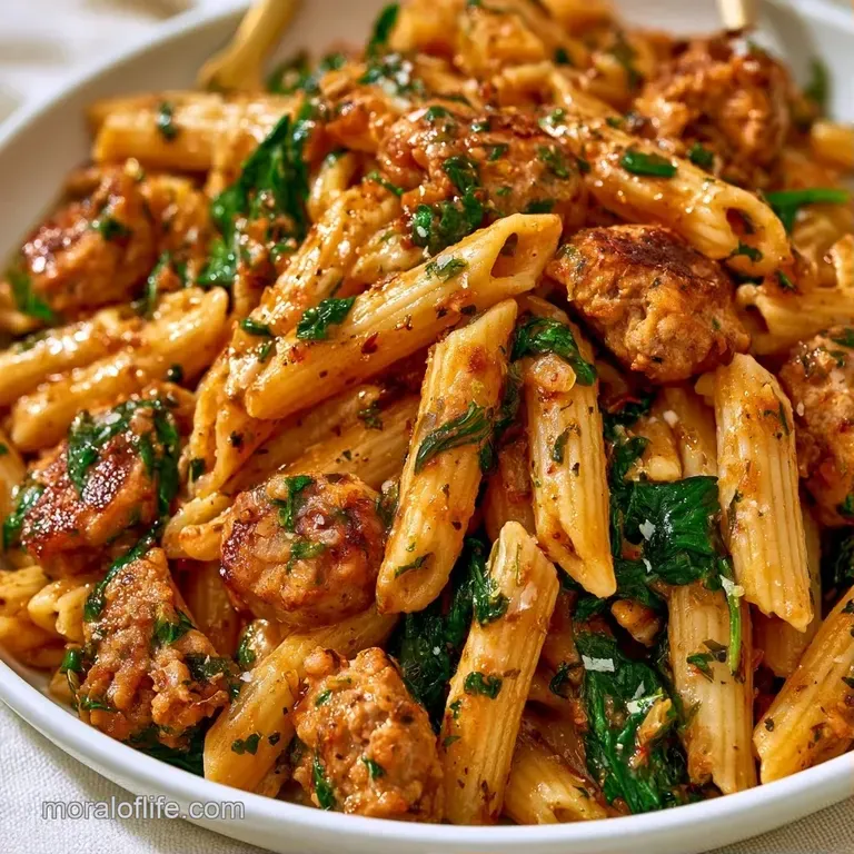 A white ceramic bowl filled with tender pasta, seared sausage crumbles, and fresh spinach dusted with parmesan.