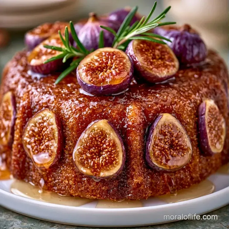 A slice of honey-glazed cake on a white plate, showing deep purple fig slices and a soft, golden-brown interior.