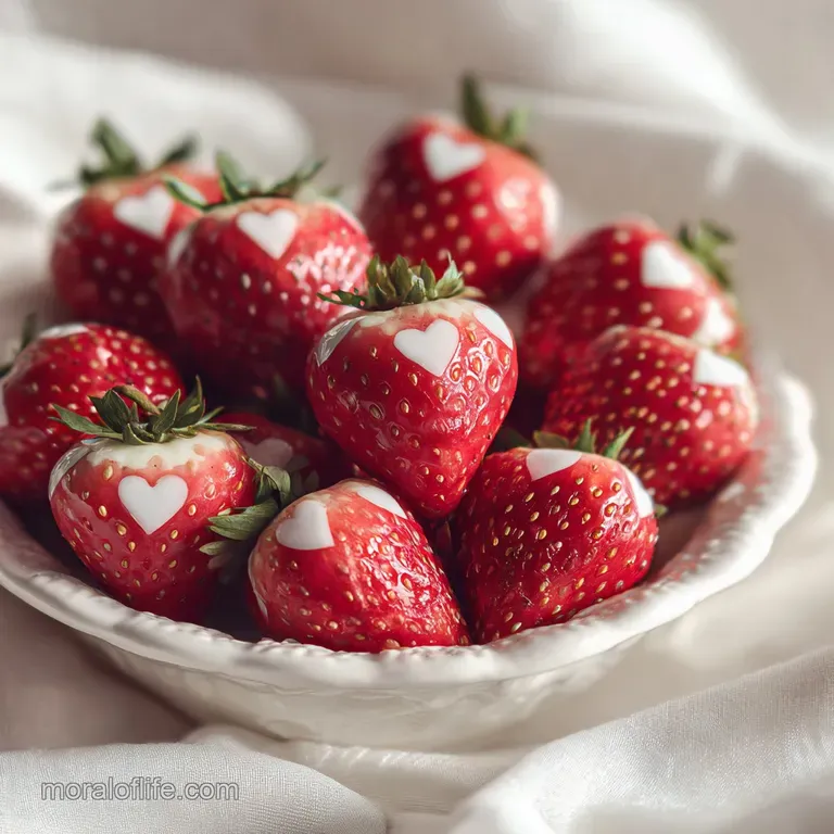 Valentine's strawberries arranged artfully on a white plate, glistening with a crisp, even chocolate shell and festive dec...