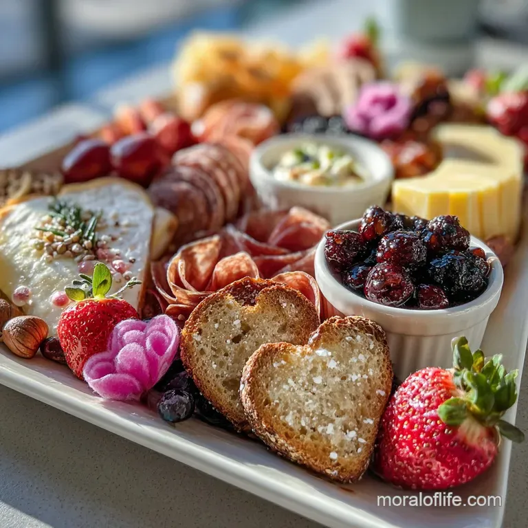Elegant flat lay with rose-hued spreads artfully arranged on a wooden board alongside strawberries and salty crackers.
