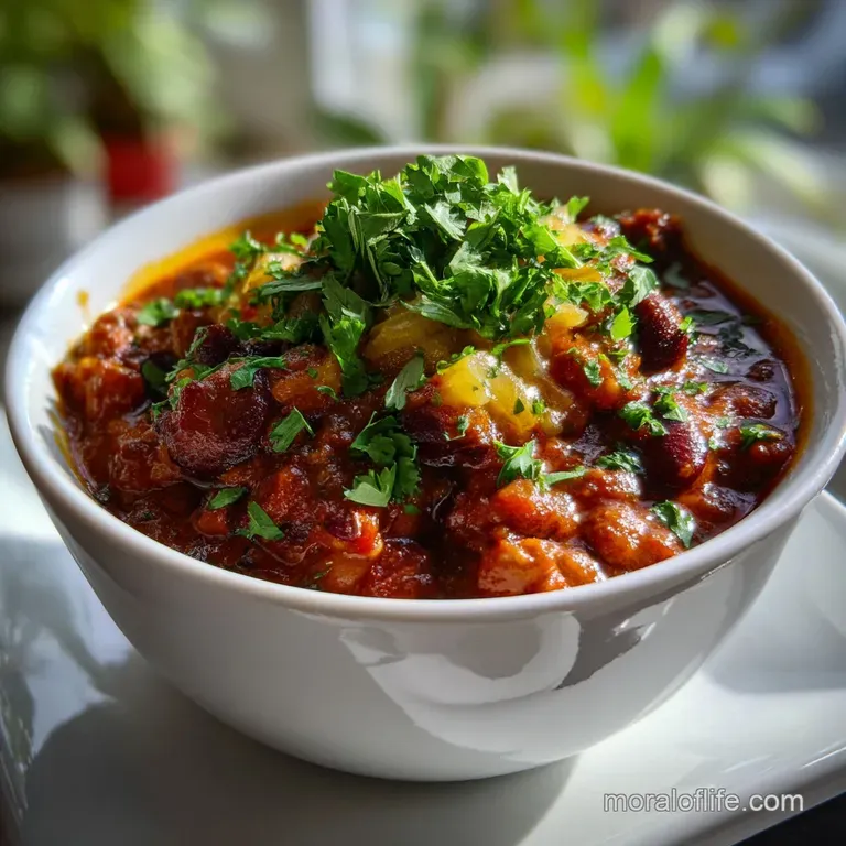 Elegant plating of vegan chili, a swirl of creamy texture against a background of fire-roasted vegetables. Garnish with a ...
