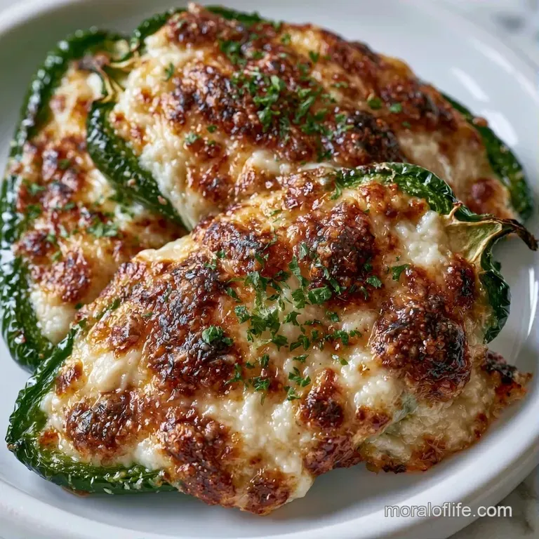 Golden-brown breaded peppers arranged on a white plate with a swirl of cream sauce and a sprig of fresh cilantro.
