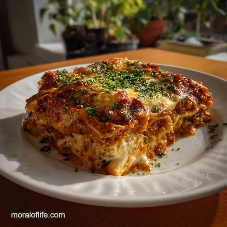 Elegant plate of lasagna slices, showcasing layers of pasta, creamy filling, and vibrant red sauce. Garnished with a sprig...