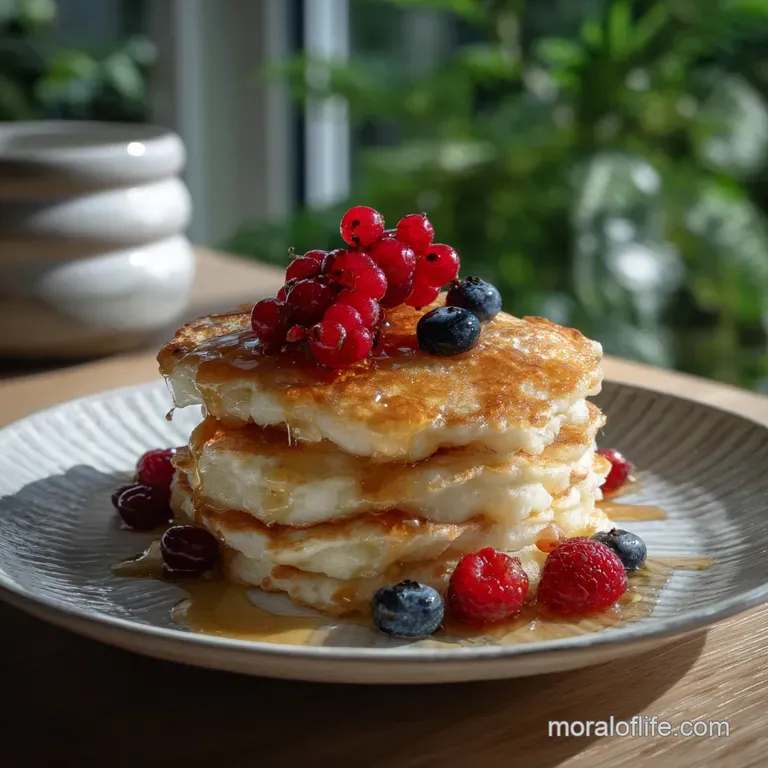 Two perfectly stacked pancakes on a white plate, adorned with a swirl of fresh whipped cream and a sprinkle of blueberries.
